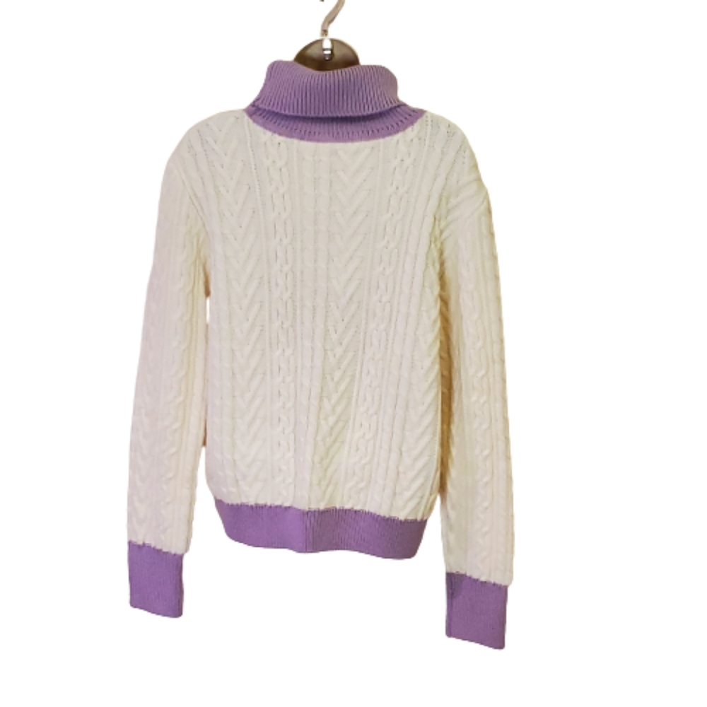 Tularosa Chunky Cream & Lavender Cable Knit Turtleneck Sweater, Size X-Large - Picture 4 of 15
